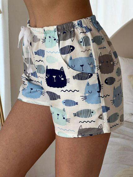 Жіночі Піжамні шорти з сатину COSY коти/рибки | Зображення 1