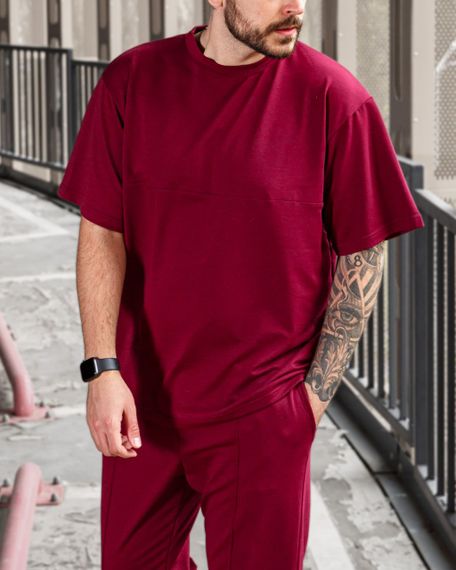 Мужской летний спортивный костюм двойка футболка + штаны BD0016 размер L, цвет бордовый | Зображення 1