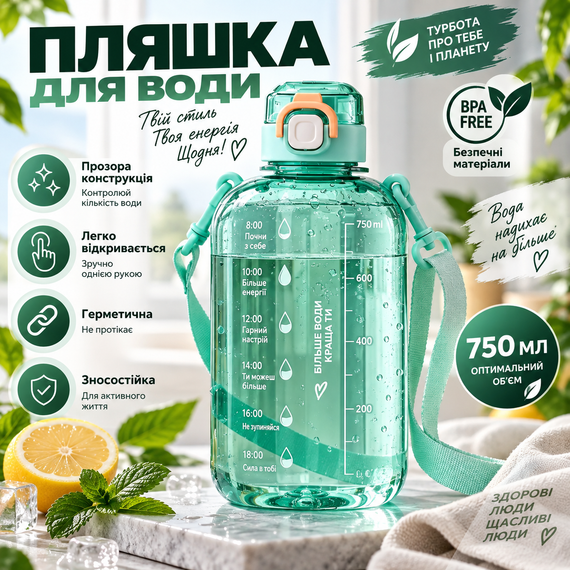 Спортивна пляшка для води SPORT 750 мл з ремінцем — багаторазова BPA-free пластикова пляшка з герметичною кришкою, бірюзова | Зображення 3