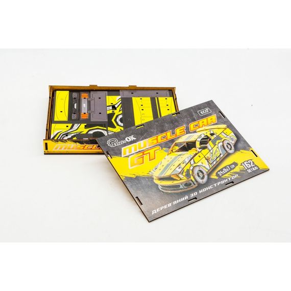 Деревянный 3D конструктор "Muscle car GT" Puz-00638, 162 детали, желтый | Зображення 3