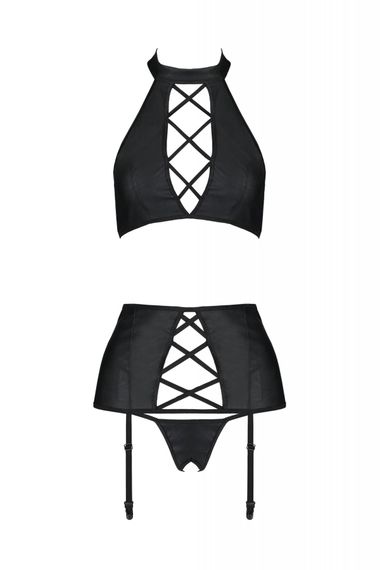 Комплект с имитацией шнуровки, трусики с разрезом, пояс для чулок Passion Nancy Set Черный 6XL/7XL | Зображення 2