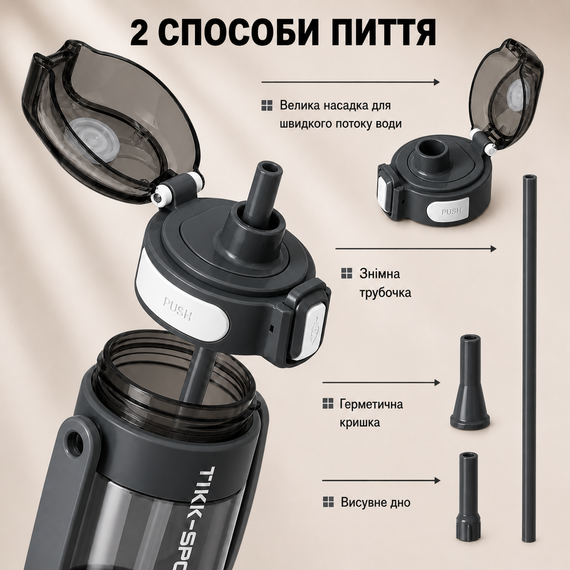 Бутылка для воды TKK 1400 мл (1,4 л) Tritan, с мерной шкалой, соломинкой и ремешком, черная | Зображення 2