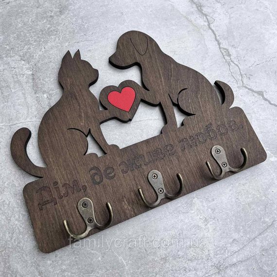 Держатель для ключей из дерева Дом, где живёт любовь ключница из фанеры с котом и собакой | Зображення 8