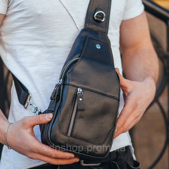 Шкіряний чорний чоловічий слінг 18х32х7, сумка рюкзак на одне плече TIDING BAG A25F-617-1A чорна | Зображення 4