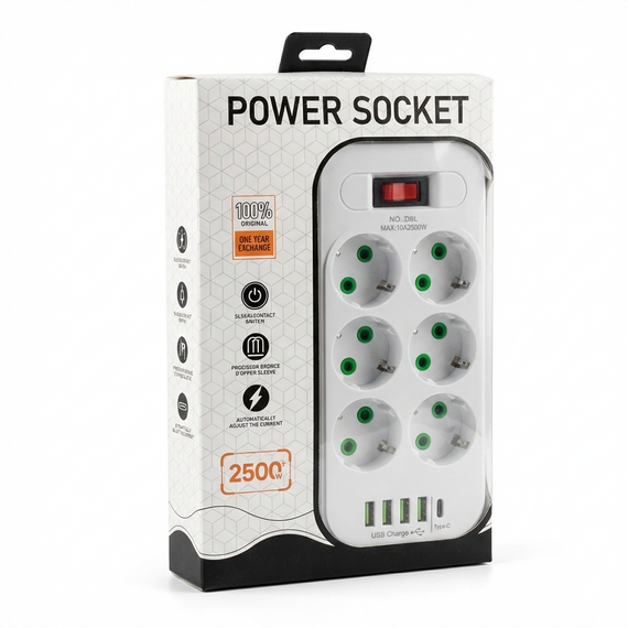 Сетевой удлинитель Power Socket D6 на 6 розеток с выключателем и LED-индикатором, 4 USB и Type-C (PD), кабель 3 м, 2500 Вт | Зображення 1