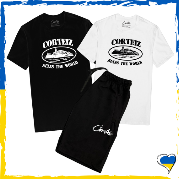 Комплект шорты Corteiz и футболка 2 шт белая и чорная Corteiz. Комплект унисекс Черный, XS/S