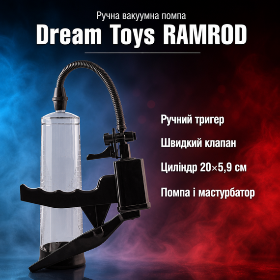 Вакуумна помпа для пеніса, насос, мастурбатор Dream Toys RAMROD PISTOL PENIS PUMP — ручна, з тригером, ABS/TPE