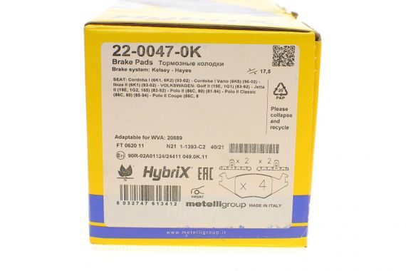 Колодки гальмівні передні Seat Cordoba Ibiza 94-02 VW Golf Jetta Polo 81-94 Passat B1 B2 79-88 22-0047-0K | Зображення 7