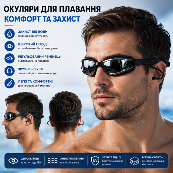 Набір для плавання RANZANA 6 в 1: Дзеркальні окуляри з берушами, Шапочка, Затискач для носа, Чохол, Чорний | Зображення 8
