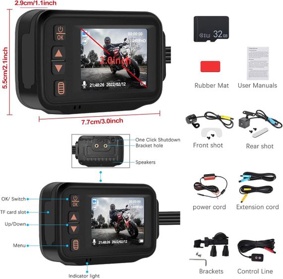 Видеорегистратор для мотоцикла водонепроницаемый 2 камеры передняя и задняя, ночное видение, G-Sensor DVR мото | Зображення 7