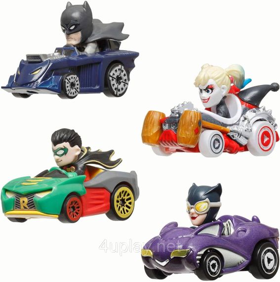 Набір із 4-ти машинок Хот Вілс Бетмен Оригінал Hot Wheels RacerVerse Batman Бетмобіль, Харлі Квінн, Робін, Жінка-Кішка | Зображення 1