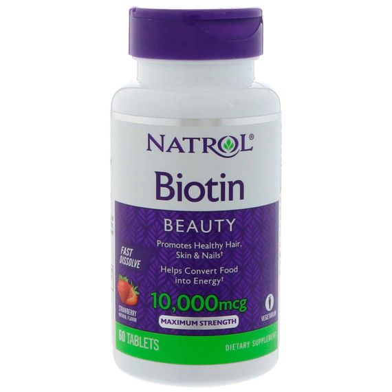 Біотин, Biotin, Natrol, полуниця, 10000 мкг, 60 таблеток
