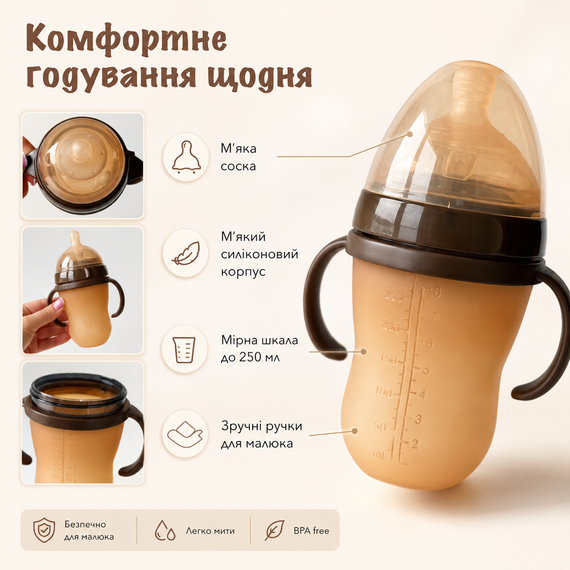 Антиколікова пляшечка для годування 250 мл силіконова з ручками, трубочкою та м’якою соскою для дітей 4–12 місяців | Зображення 1