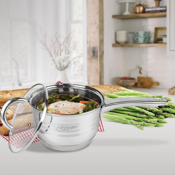 Ковш кухонный Maestro MR-3513-16S, 2.1 л, 16 см, из нержавеющей стали с крышкой, для всех типов плит | Зображення 1