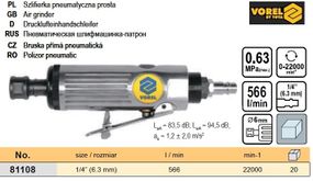Шліфмашина шліфмашинка пневмо пряма 1/4" патрон 6мм VOREL-81108