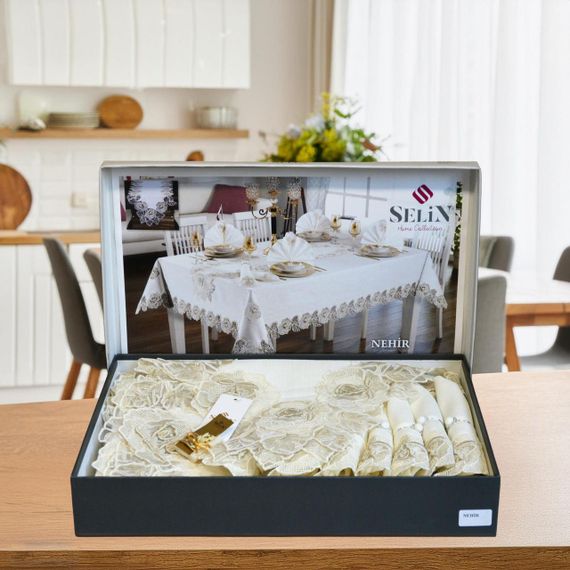 Льняная скатерть с ранером Selin Nehir Set 160×300+12 салфеток кремовая | Зображення 1