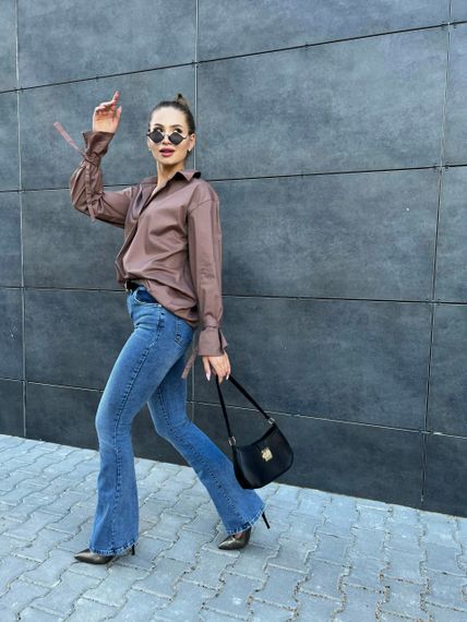 Женская стильная блуза рубашка оверсайз LI8807 цвет мокко, размер 42/46 | Зображення 2