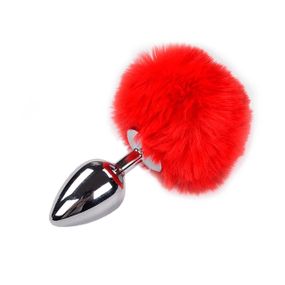 Металлическая анальная пробка Кроличий хвостик Alive Fluffy Plug L Red, диаметр 3,9 см Sex Aura