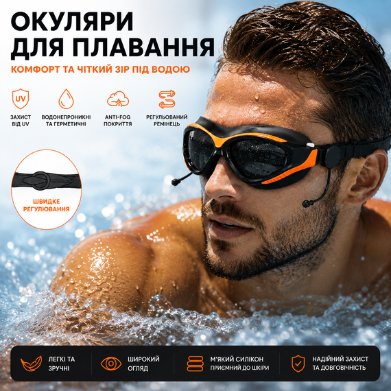 Очки для плавания с большой оправой и встроенными берушами Anti-Fog - Черно-оранжевые | Зображення 7