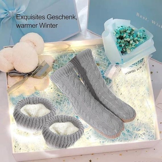 Носки тапочки теплые толстые с антискользящей подошвой, высокие вязаные для дома, домашняя зимняя обувь, серые | Зображення 4