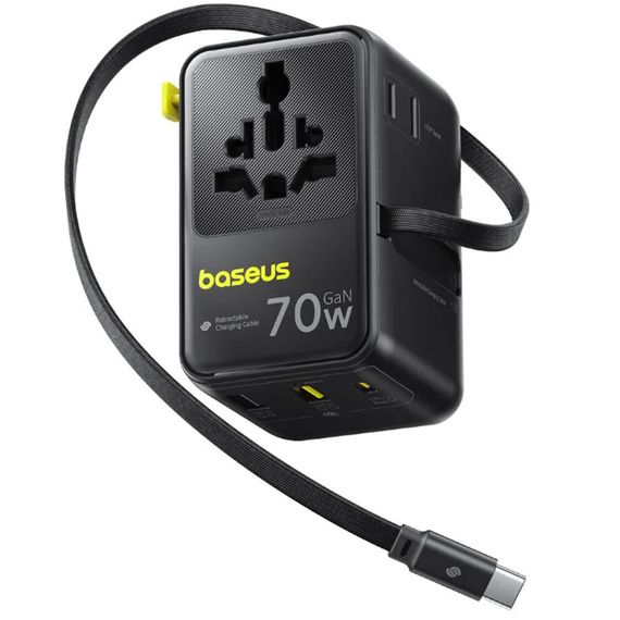 Мережевий універсальний перехідник Baseus CG11 70W with retractable cable (2USB-A/3C/1Socket) (E0307E) Cosmic Black