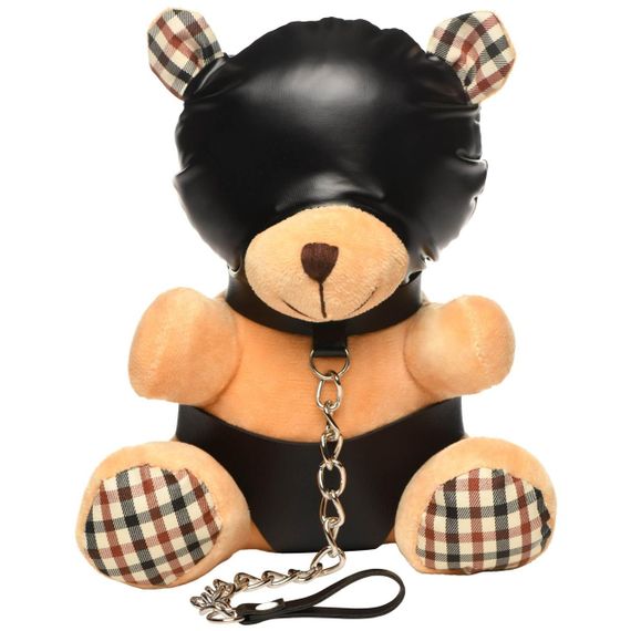 Плюшевий ведмедик HOODED Teddy Bear БДСМ у шкіряному капюшоні з повідцем, 23x16x12 см sexstyle