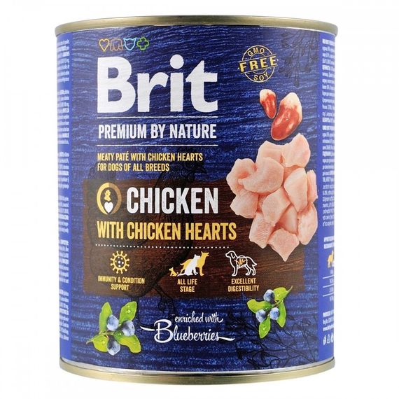 Вологий корм з куркою та курячими серцями для дорослих собак Brit Premium Chicken with Chicken Hearts, 800 гр