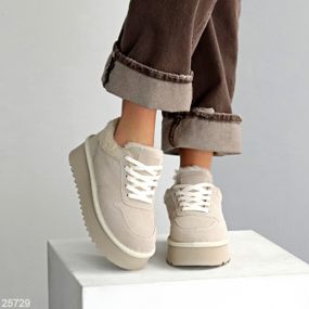 Светлые бежевые кроссовки угги натуральная замша + мех Тедди 39