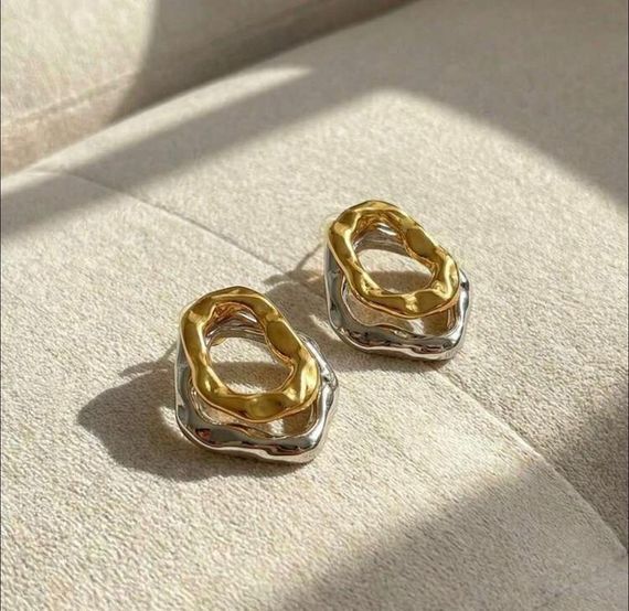 Сережки асимметричные, сережки двухцветные, сержки плавленная сталь, сережки круглые, сережки кольца, серёжки круглые, серьги