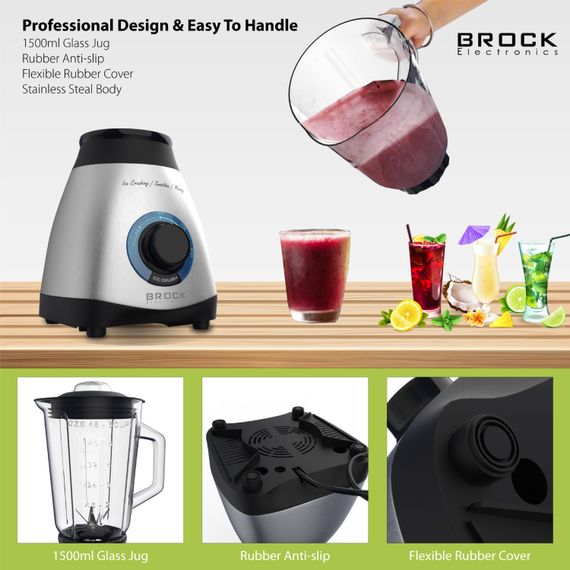 Блендер BROCK BL 1502 SS стаціонарний 500Вт/ скляна чаша 1,5л/ PULSE/ 2 швидк./дроблення льоду/метал | Зображення 2