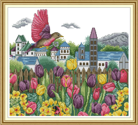 Набор для вышивания по нанесённой на канву схеме "Tulips and bird". AIDA 14CT printed 41*37 см
