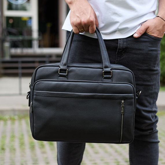 Офісна чоловіча сумка через плече 39х29х10, шкіряний портфель-месенджер для бізнесу, чорний | Зображення 2