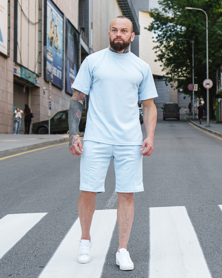 Мужской летний костюм с шортами и футболкой рубчик премиум-качество BD0026 цвет голубой, размер S