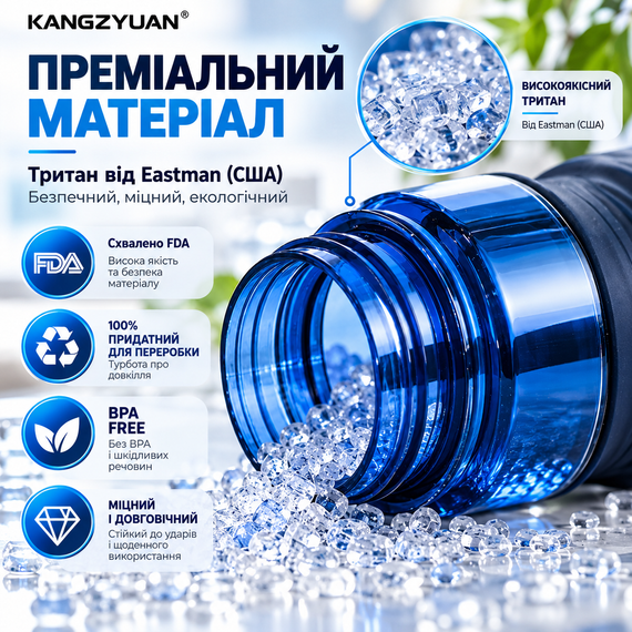 Бутылка для воды KANGZYUAN 450 мл синяя спортивная Tritan BPA Free с антибактериальным покрытием эргономичная ударопрочная | Зображення 8