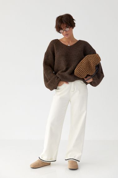 В’язаний жіночий джемпер з рукавами-ліхтариками - темно-коричневий цвет, ONE SIZE (є розміри) | Зображення 2