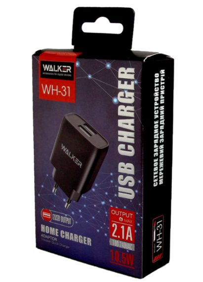 Зарядний пристрій мережевий 2USB 2,1А чорний WALKER WH-31 | Зображення 1