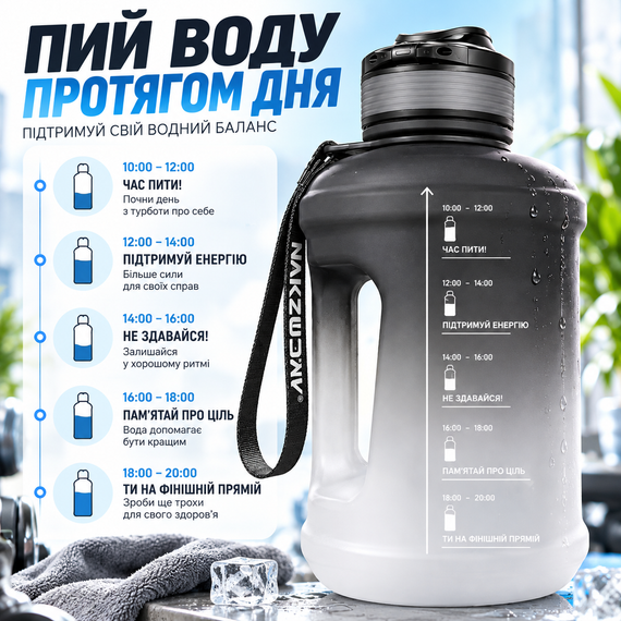 Эко-бутылка KANGZYUAN 1800 мл - Черная Tritan BPA-free, ударопрочная спортивная бутылка для воды с ручкой и ремешком | Зображення 7