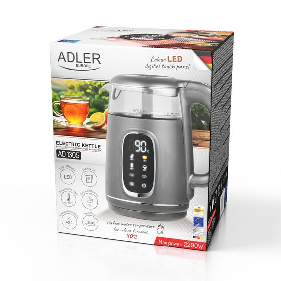 Електрочайник cкляний Adler AD 1305 сірий 1,7 л, 2200 Вт, з регулюванням температури | Зображення 9