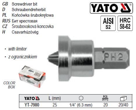 Насадка бита для гипсокартона YATO Польща PH2 1/4" l=25 мм 20 штук YT-7980