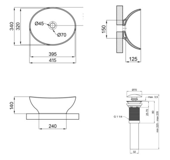 Комплект Qtap Dove: Раковина накладна овальна 415x340x140 мм Matt Black + Донний клапан PU03 (QT063078MBMBN47307) | Зображення 1