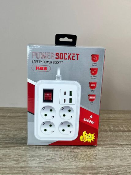 Мережевий фільтр K83 подовжувач 3 м для дому та офісу 4 USB-порти 3 розетки 5V 2.1A 2500 Вт Чорний | Зображення 6