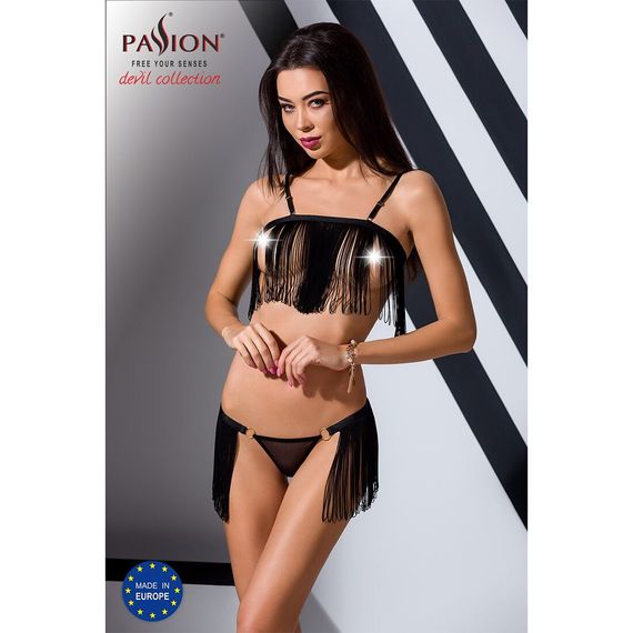 Комплект білизни Passion Exclusive KASSANDRA SET OpenBra L/XL black, ліф з бахроми, трусики-спідниця | Зображення 3