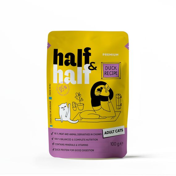 Корм влажный Half&amp;Half для взрослых кошек, кусочки с уткой в соусе в форме пауча, 100 г
