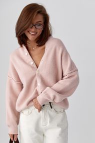 Теплий в'язаний кардиган на ґудзиках - пудра цвет, ONE SIZE (є розміри)