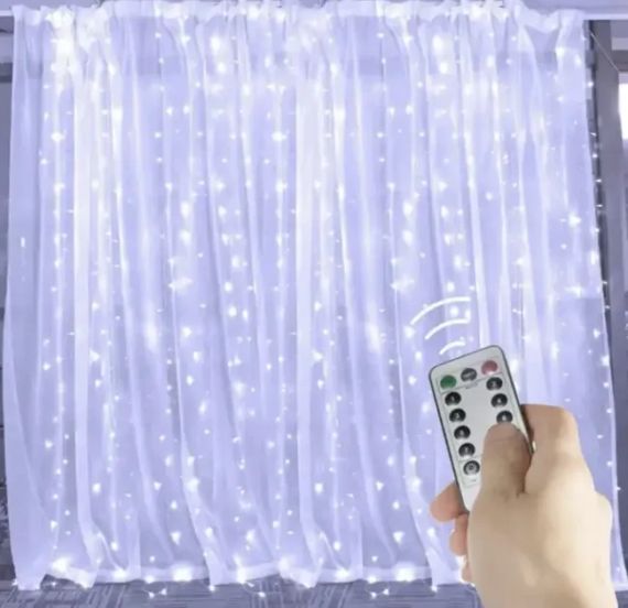 Светодиодная гирлянда штора роса на проволоке 3х2 м 200 LED пульт + USB холодный белый | Зображення 4
