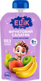Детское пюре Фруктовый салатик из яблок, груши, персика и банана Elfik Magic 200 г х 12 шт