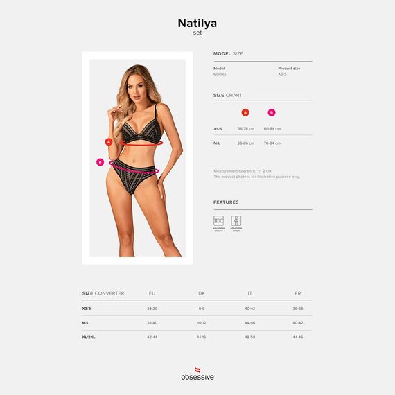 Комплект белья Obsessive Natilya 2-pcs set XS/S, black, бюстгальтер, трусики | Зображення 6