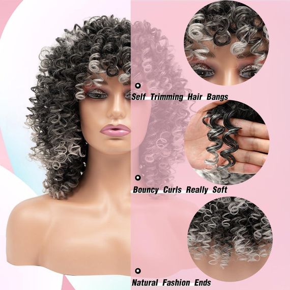 Парик кудрявый афро серый седой омбре с челкой женский, короткий синтетический термостойкий, волосы Хелловиин | Зображення 2