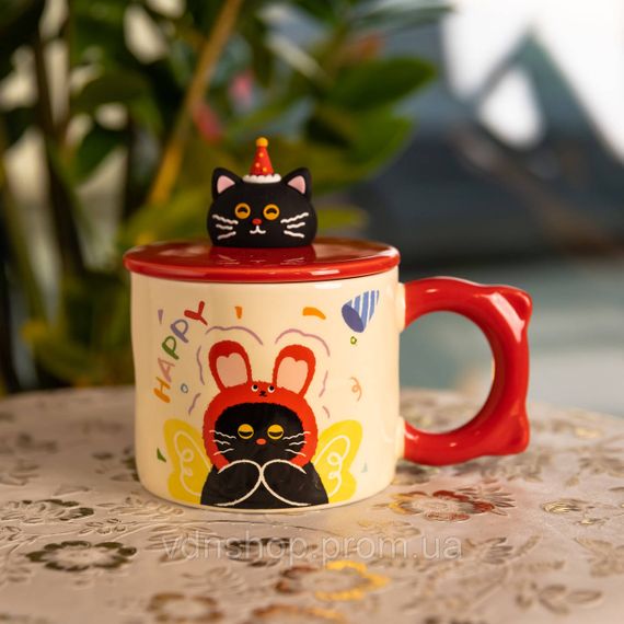 Чашка фарфоровая с крышкой Kitten's Birthday 400 (мл) подарочная кружка прикольная чашка для детей на подарок Красный FM-24D