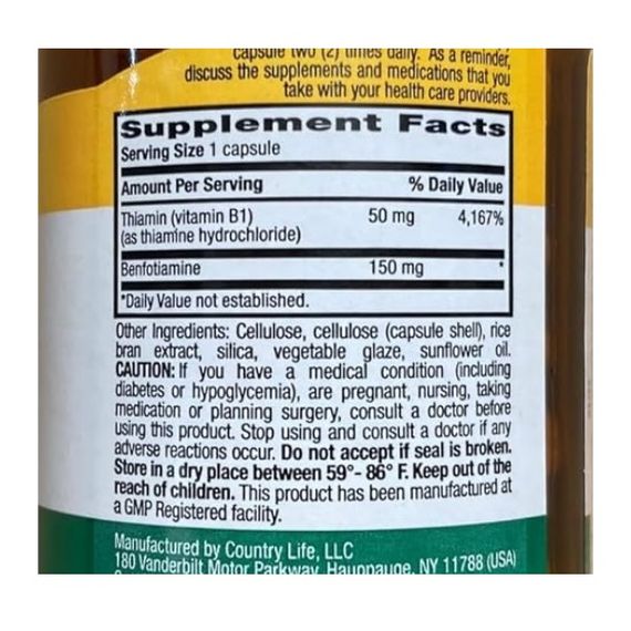 Тіамін Country Life Benfotiamine with Thiamin 150 mg 60 Veg Caps | Зображення 1